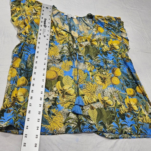 Rose + Olive Womens Blue Lemon Floral Tassel V-Neck Flutter Sleeve Blouse Large - Picture 10 of 10